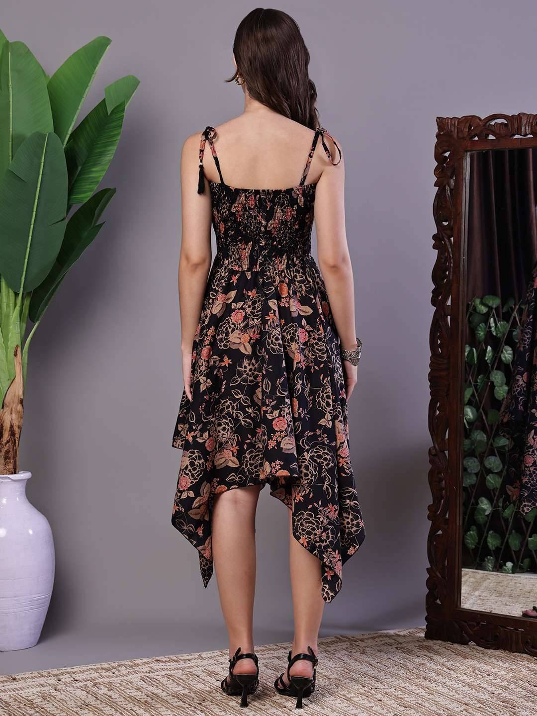 Women's Black Floral Printed Cotton Handkerchief Hem Dress Midi Dresses - Image 2