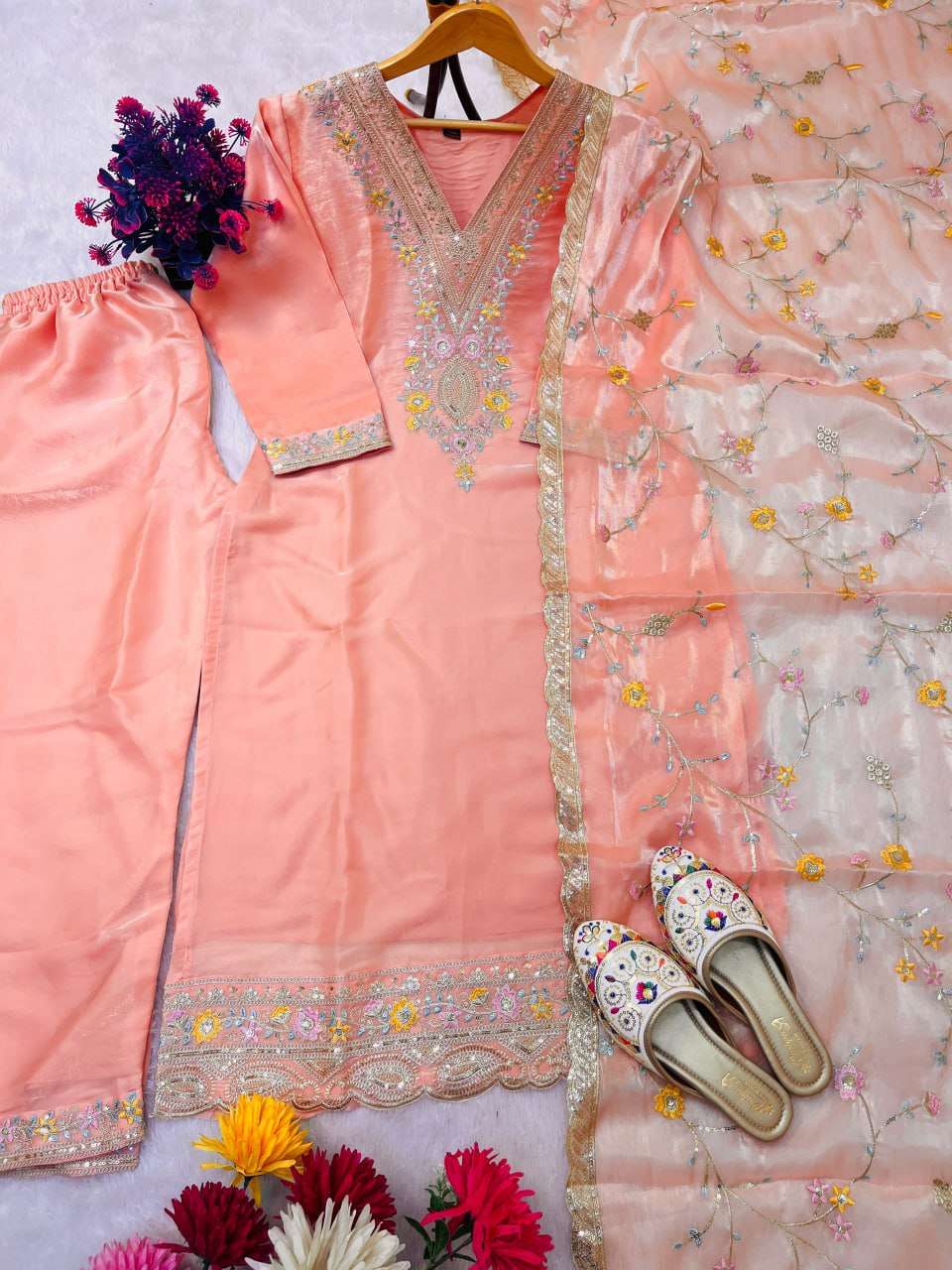Women's Silk Heavy Embroidery Sequence Work Top-Bottom Straight Kurti With Pant and Dupatta set - Image 3